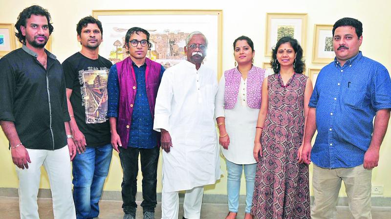 working together: Artist Laxma Goud with Mangreesh, Rajasekhar, Srinivas, Rajasree, Madhumitha das and Sumantho Chowdary.