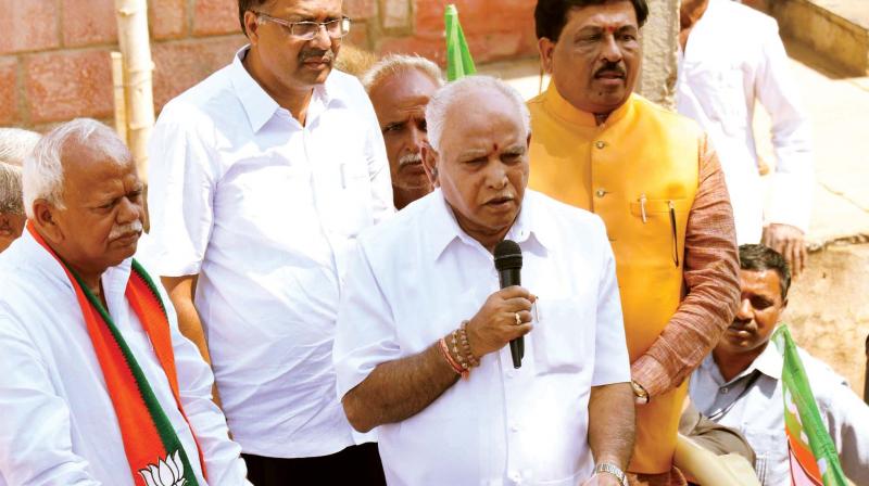 BJP state president and former CM B.S. Yeddyurappa campaigns for the partys Jamkhandi Assembly constituency candidate Shrikant Kullkarni at Jamkhandi in Bagalkote on Monday