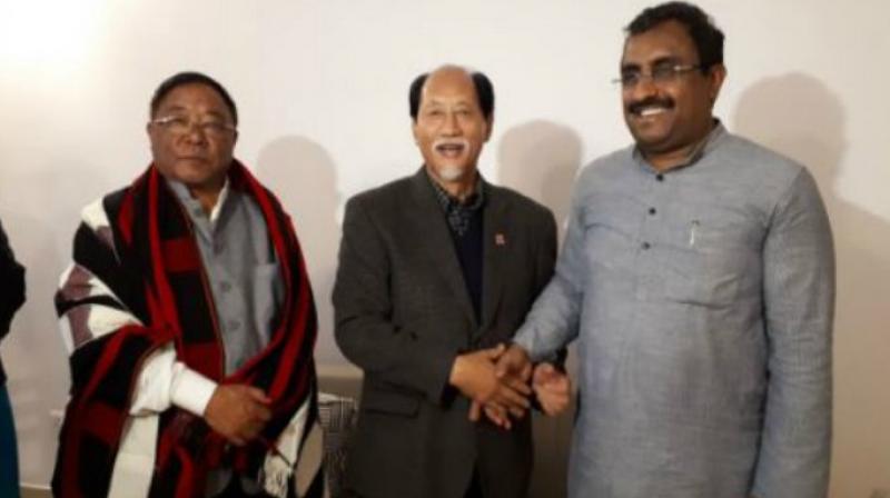Neiphiu Rio met BJP National General Secretary Ram Madhav in Dimapur, Nagaland. He was elected unopposed in the Nagaland Assembly election after his rival from the Naga Peoples Front withdrew his nomination. (Photo: ANI)