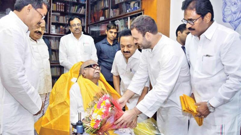 Congress vice-president Rahul Gandhi on Sunday meets DMK Supremo M Karunanidhi at his residence to greet him on his 94th birthday. (Photo: DC)