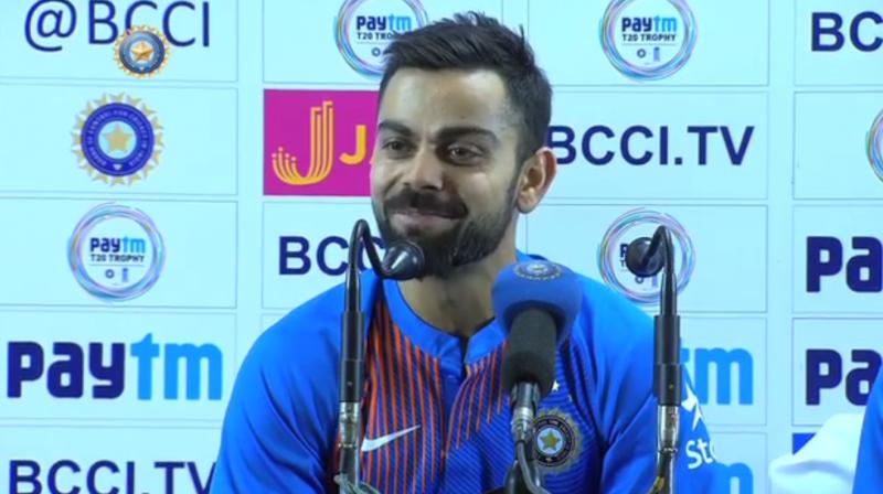 Kohli had an extremely witty response to a question over his form as an opener in the press meet following Indias T20I series victory over England. (Photo: Screengrab)
