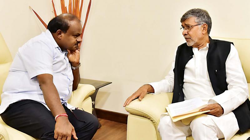 Nobel laureate Kailash Satyarthi and CM H.D. Kumaraswamy discussed about child rights and safety issues, on Saturday 	(Image: DC)