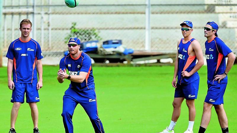New Zealand players during a practice session at Brabourne stadium in Mumbai, (Photo: AP)