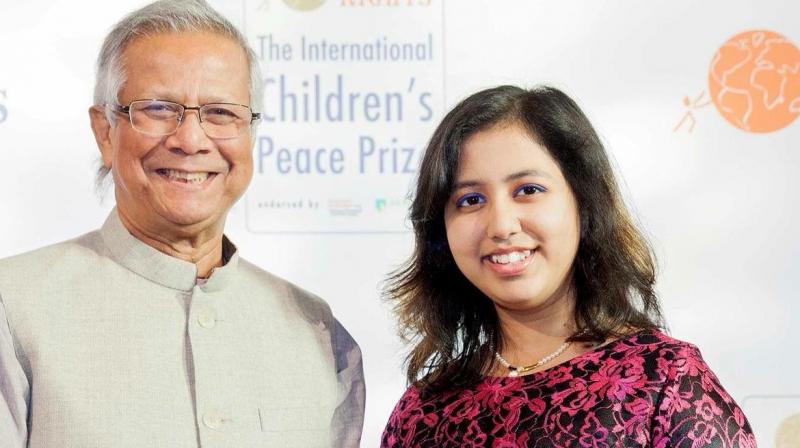 Kehkashan Basu was presented the award by Bangladeshs Nobel peace laureate Mohammad Yunus at a glittering ceremony in The Hague. (Photo: Twitter/Kehkashan Basu)