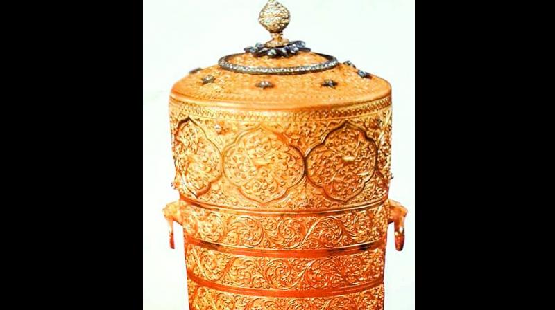 The three-tier golden tiffin box that went missing from the Nizam Museum  at Purani Haveli on Sunday.