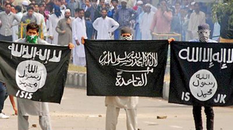 Kashmiri youth hold the Islamic States flag in a protest march in Jammu and Kashmir (Photo: PTI)