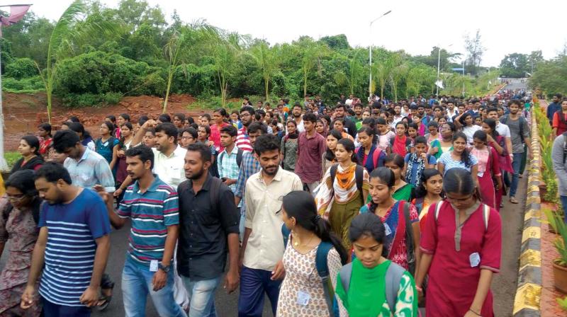 CUK students protesting on the campus demanding adequate hostel facilities. 	 FILE