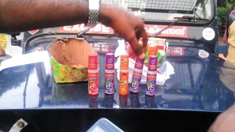 Excise officials display psychotropic drugs in the form of toffees and tablets, which are highly circulated among school children in the district.