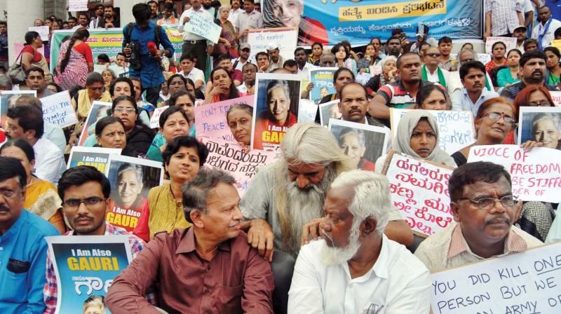 Writers, activists and thinkers participate in a protest against the killing of journalist Gauri Lankesh at Town Hall earller this week. (Photo: KPN)