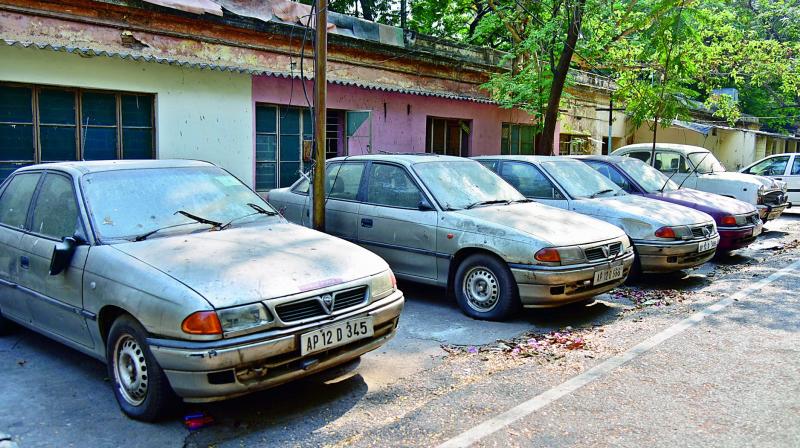 Some of the cars abandoned by AP government officials who moved to Amaravati, at the Secretariat. (Photo: S.Surender Reddy)