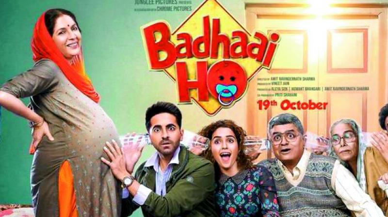 The poster of Ayushmann Khuranna and Sanya Malhotra starrer movie Badhaai Ho.