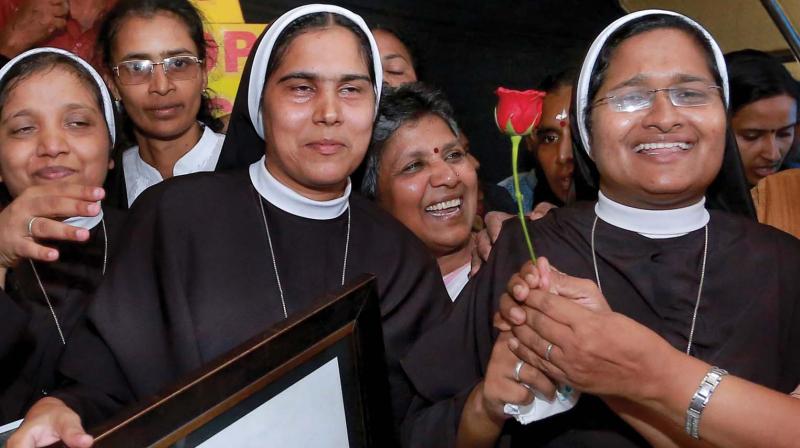 Sister Anupama and other sisters who were on protest are all smiles at the protest venue on hearing the news of Bishop Francos arrest in Kochi on Friday.  (Photo:DC)