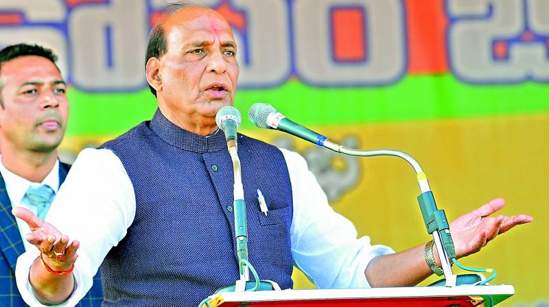 Union home minister Rajnath Singh speaks at the public meeting in Hanamkonda on Friday.  (DC)