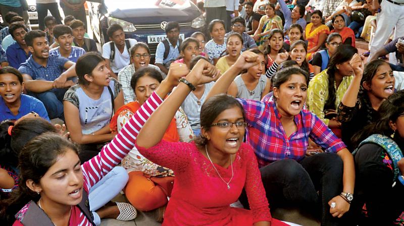 Sports quota students protest against the Karnataka Examination Authority for reducing the sports events from 54 to 32 for consideration in CET. The protest was held at the CET Centre at Malleswaram in Bengaluru on Tuesday