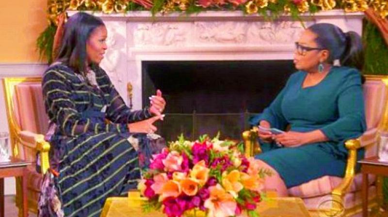 First lady Michelle Obama is interviewed by Oprah Winfrey.