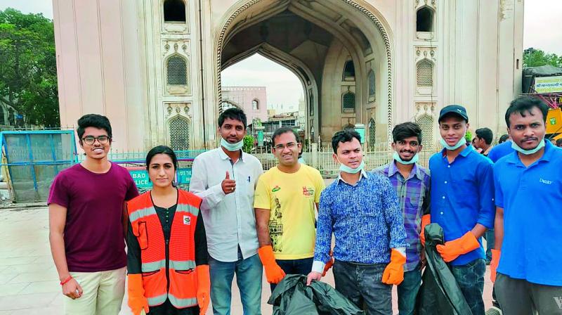 Musharraf Faruqui, the project director of Charminar Pedestrianisation Project, along with some of the SHIP volunteers on Saturday.
