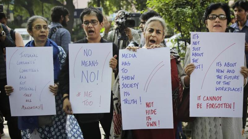 The journalists held protest expressing solidarity with their women colleagues who have come out and demanded proper implementation of prevention of sexual harassment act. (Photo: AP)