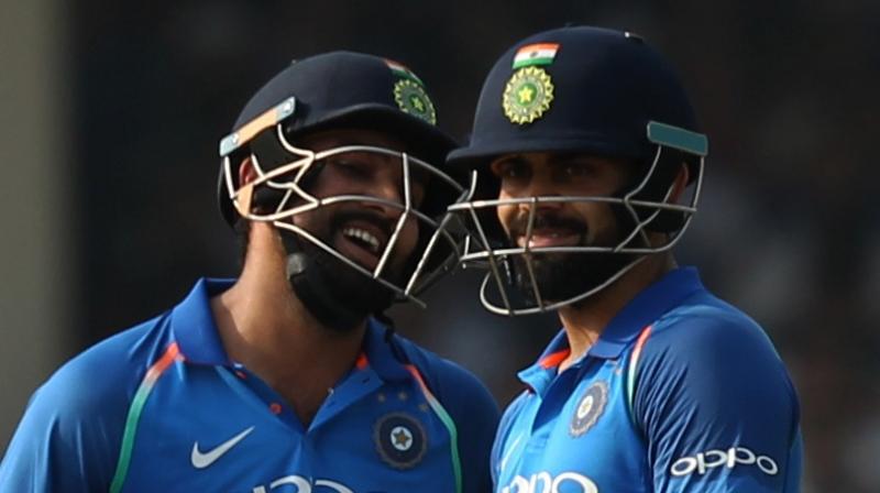Virat Kohli, who made 140, and Rohit Sharma, who remained unbeaten on 152, put on 246 runs for the second wicket as India chased down 323 and romped home with 47 balls to spare against West Indies in the first ODI in Guwahati. (Photo: BCCI)