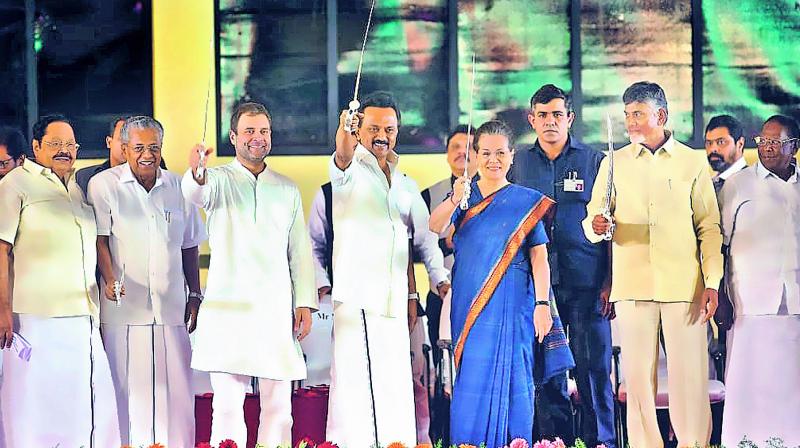 Congress president Rahul Gandhi, former Congress president Sonia Gandhi, DMK President M.K. Stalin and Andhra Pradesh Chief Minister N. Chandrababu Naidu, at the YMCA ground, in Chennai, Sunday. (PTI)