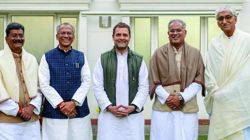 Congress president Rahul Gandhi with senior leaders of the partys Chhattisgarh unit  former Union minister Charandas Mahant, Congress OBC cell chief Tamradhwaj Sahu, party leaders Bhupesh Baghel and T.S. Singh Deo  at his residence in New Delhi. (Photo: PTI)