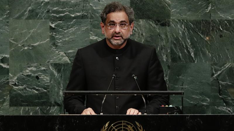 Prime Minister of Pakistan Shahid Khaqan Abbasi addresses the United Nations General Assembly on Thursday at the United Nations headquarters. (Photo: AP)