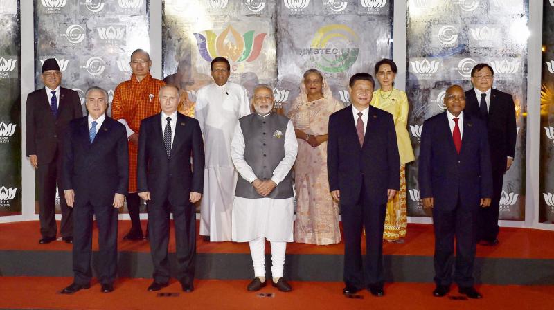Prime Minister Narendra Modi along with BRICS and BIMSTEC leaders pose for a group photo during the BRICS and BIMSTEC Summits in Mobor, Goa. (Photo: PTI)