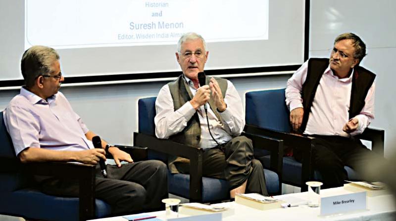 Former England captain Mike Brearley in conversation with sports journalist Suresh Menon and author Ramachandra Guha in Bengaluru on Saturday
