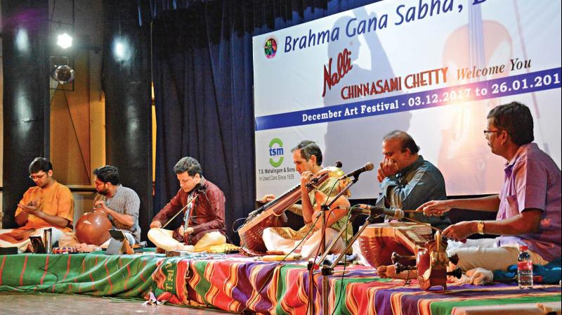 A full bench instrumental ensemble including Mudikondan Ramesh (veena),  Embar Kannan (violin) Chandrasekhara  Sharma (ghatam), Sundar (morshing) and S.Subramanian (gottuvadhiyam)  enthralls rasikas at Brahma Gana Sabhas music festival in the city on Monday. (Photo: DC)