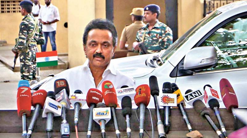 DMK working president M.K .Stalin addresses mediapersons regarding Gujarat and Himachal election results in the city on Monday.(Photo: DC)