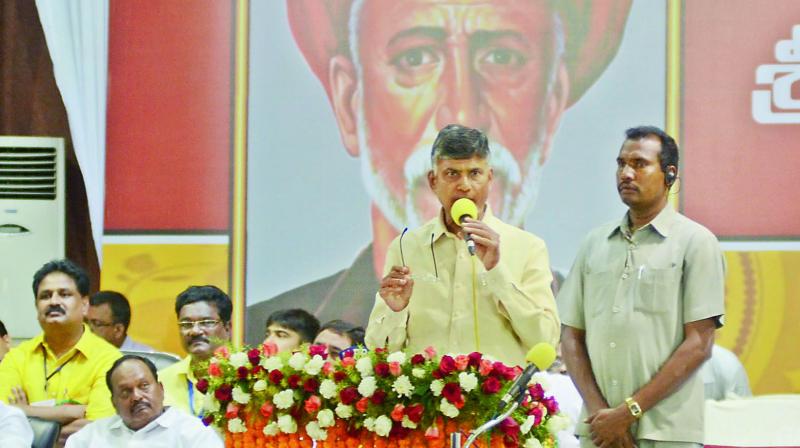 CM N. ChandrabBabu Naidu speaks at the birth anniversary celebrations of Jyothirao Pule at AU Convocation Hall in Visakhapatnam on Tuesday. (Photo: DC)