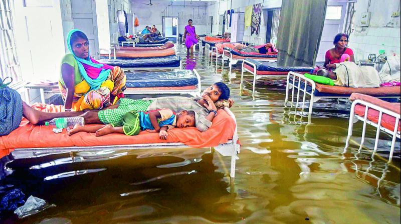 Waterlogging at Nalanda Medical College and Hospital after heavy monsoon rains in Patna on Saturday. 	 PTI