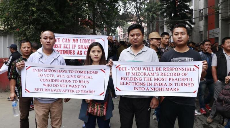 Hundreds of members of the Young Mizo Association continued their picketing in front of the CEOs office from 8 am. (Photo: Twitter | @JamiKoshy)