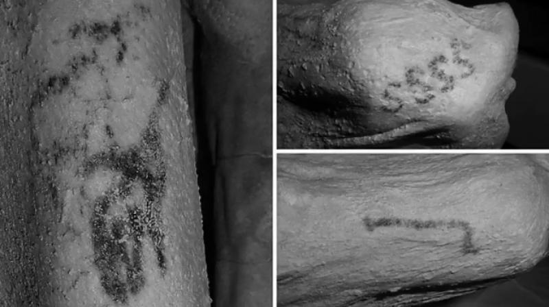 The artworks appeared as dark smudges in natural light but researchers at the British Museum and Oxford Universitys Faculty of Oriental Studies found the tattoos in 2017 with infrared photography.