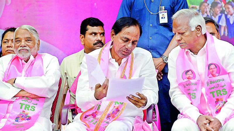 Caretaker Chief Minister and TRS chief K. Chandrasekhar Rao addresses the media after releasing the partys manifesto for the Assembly elections on Wednesday.