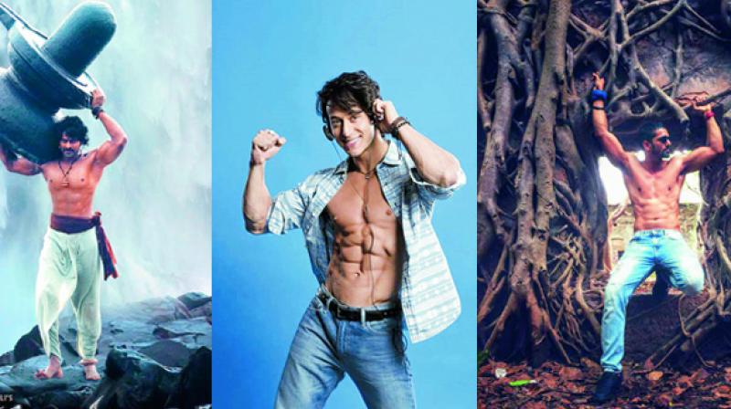 A still from Baahubali: The Beginning, where Prabhas is seen lifting a Shivlingam on his shoulders, his sculpted body stole the show; Tiger Shroff has always sported a rather fit body, Actor Harshavardhan Rane.