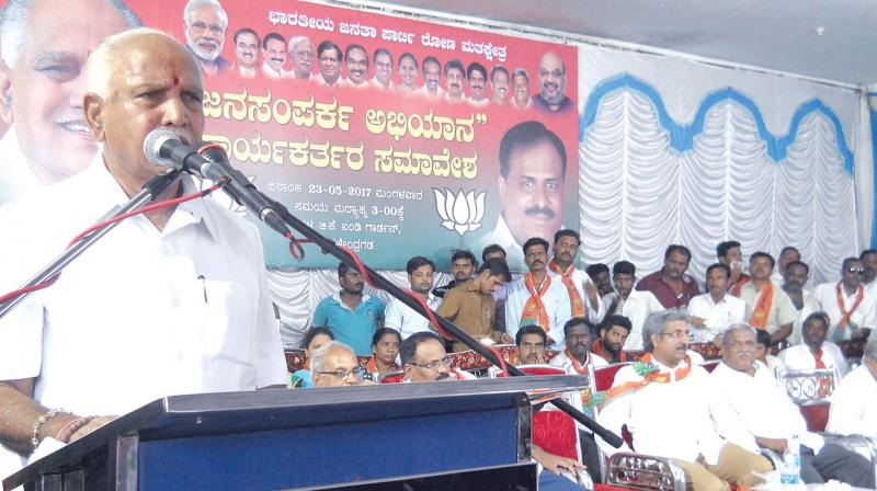 State BJP chief B.S. Yeddyurappa speaks at a party workers meeting in Belagavi on Tuesday 	(Photo:DC)