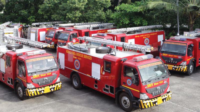 Mini fire tenders with 3,000 litres capacity parked at the Chackai Fire station premises.  (Photo: A.V. MUZAFAR)