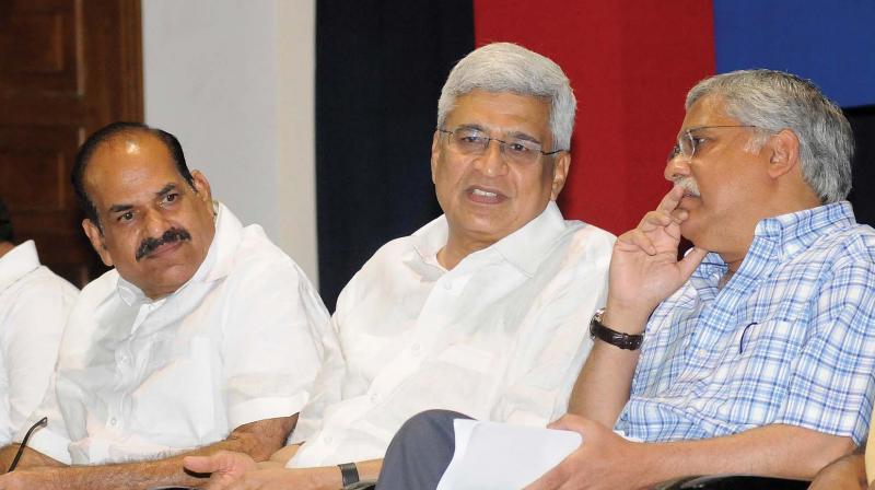 CPM state Secretary Kodiyeri Balakrishnan, former CPM general secretary Prakash Karat and  Economist C.P.  Chandrasekhar during the seminar 25 Years of Financial Sector Reforms held at AKG Centre in Thiruvananthapuram on Saturday.  (Photo: A.V. MUZAFAR)