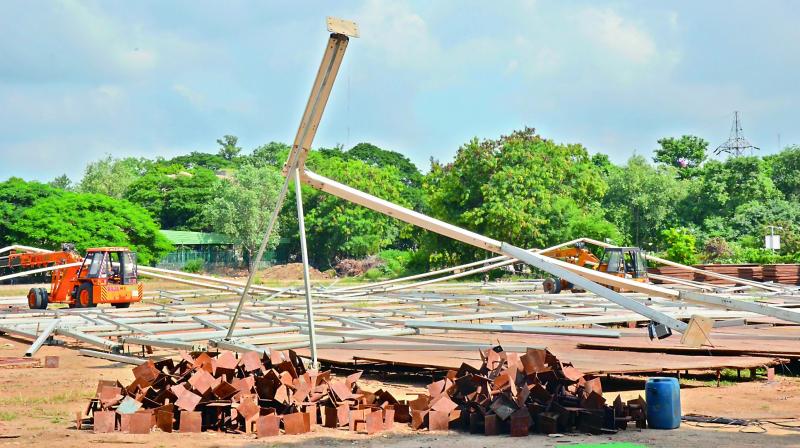 The temporary shed which collapsed near Imax in the city on Monday. (Photo: DC)