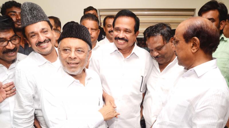 IUML leaders congratulate K.N.A Khader, UDFs Vengara candidate, after the announcement of his candidature in Panakkad on Monday.(Photo: DC )