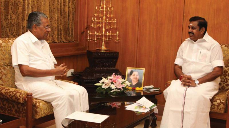 Chief Minister Pinarayi Vijayan meets his Tamil Nadu counterpart E.K. Palaniswami in Chennai on Thursday.