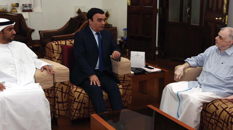UAE Ambassador Ahmed Albanna (centre) and UAE consul general in Thiruvananthapuram Jamal Husein Rahma Husein al Zaabi meet Governor  P. Sathasivam on Friday in the state capital as a prelude to the visit by Sharjah ruler Sheikh Sultan Bin Muhammed Al Qasimi to the state.