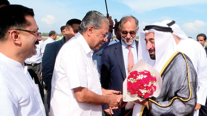 Chief minister Pinarayi Vijayan welcomes Sharjah ruler Sheikh Sultan Bin Muhammed Al Qasimi at Thiruvananthapuram International Airport on Sunday. (Photo: PEETHAMBARAN PAYYERI)