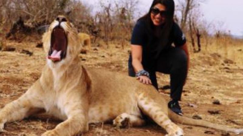 Geetha Deo with a lioness at Victoria Falls in Zambia-Zimbabwe border