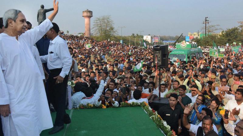 A file photo of BJD chief and Odisha Chief Minister Naveen Patnaik at a public rally. The BJD is hoping to win most of the 21 Lok Sabha seats in the next election