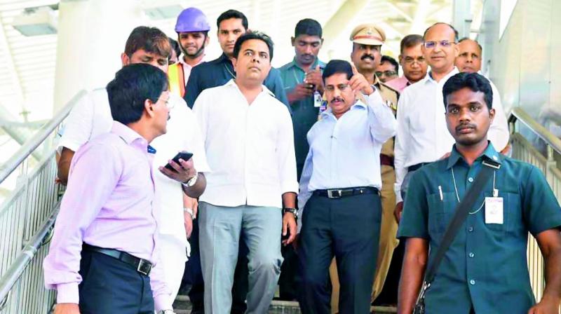 Minister K.T. Rama Rao took a ride on the Metro rails 16-km section from Ameerpet to LB Nagar during a trial run on Wednesday. 	 (Image: DC)