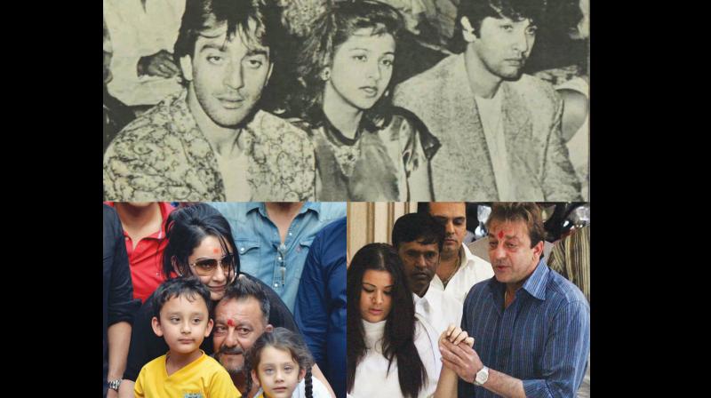 Sanjay Dutt with first wife Richa Sharma and Kumar Gaurav (clockwise from top); with daughter Trishala Dutt; and with third wife Manyata and children Shahraan and Iqra.