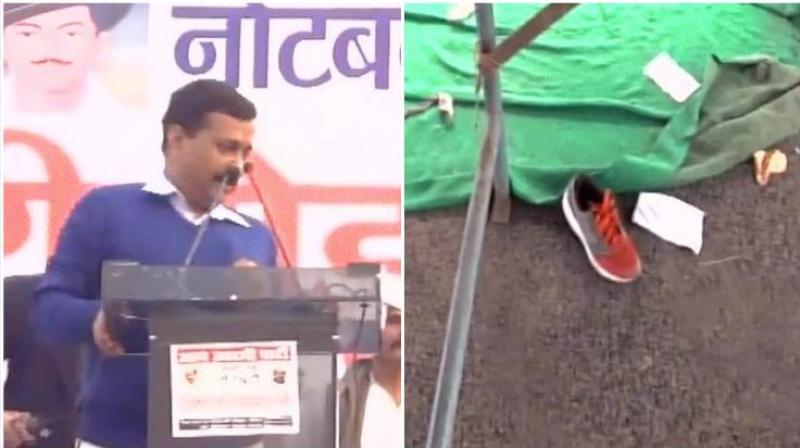 A man on Sunday threw a shoe at Delhi Chief Minister Arvind Kejriwal while he was addressing a rally against demonetisation in Rohtak, Haryana. (Photo: ANI/Twitter)