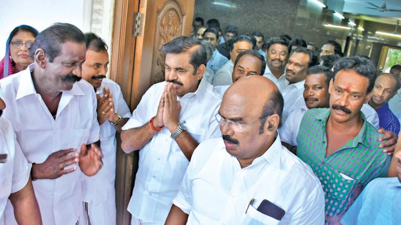 Chief Minister Edappadi K. Palanisami coming out after meeting senior party leaders at party headquarters on Friday. (Photo: DC)