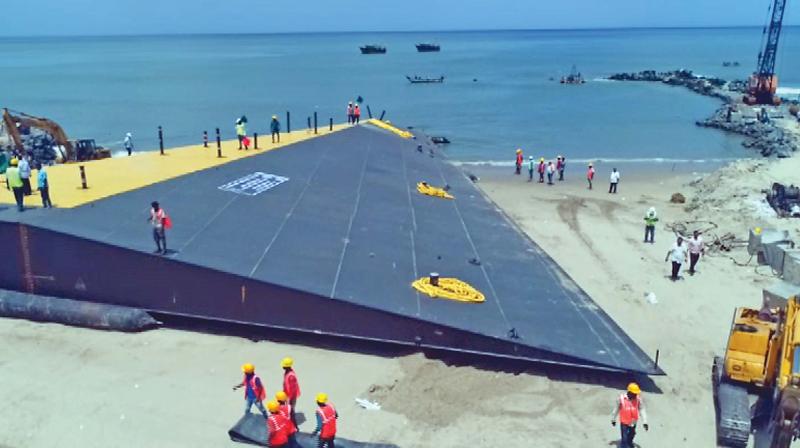 National Institute of Ocean Technology immerses Indias first wedge-shaped near shore artificial reef at Puducherry coast, as part of Pondy beach restoration  project. (Photo:DC)